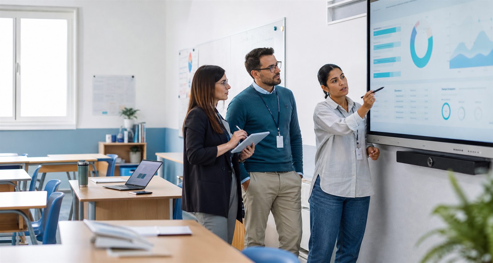 Equipo educativo utilizando una pantalla interactiva