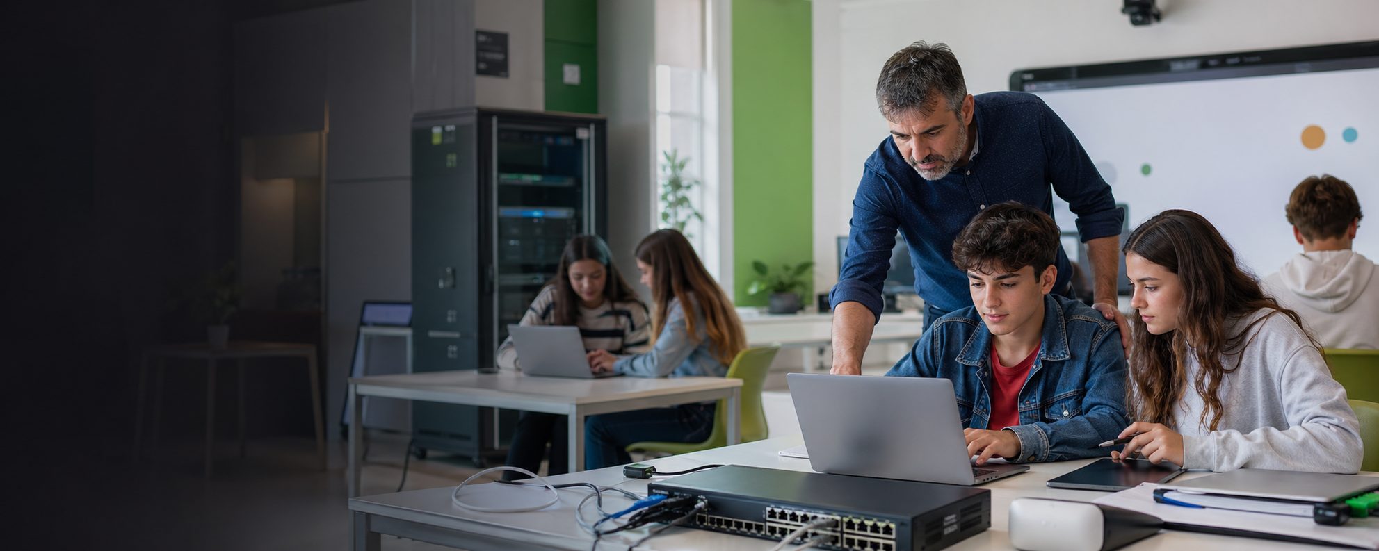 Aula equipada con ordenadores y tecnología educativa