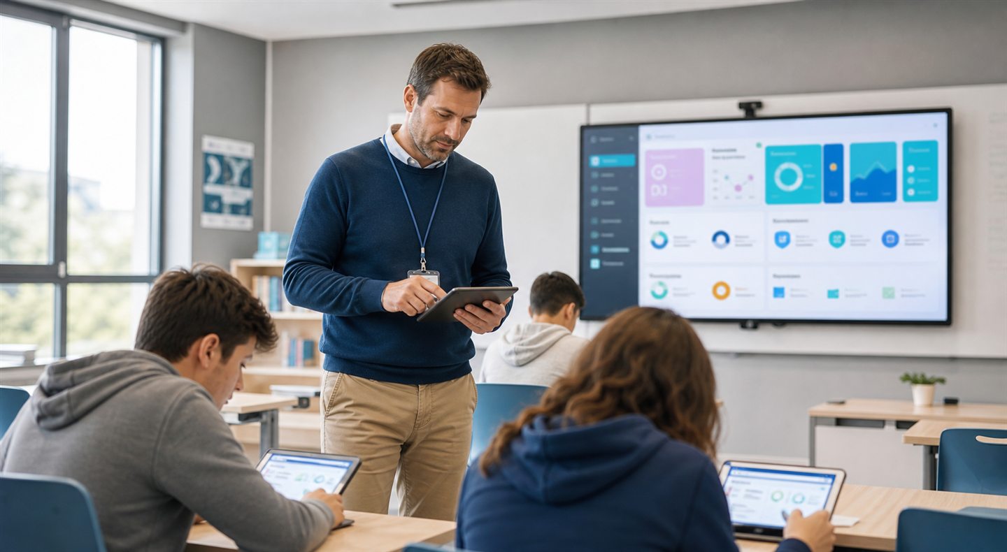 Coordinador tecnológico supervisando dispositivos en un aula