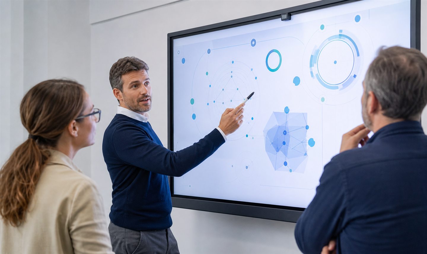 Docente utilizando un panel interactivo de gran formato