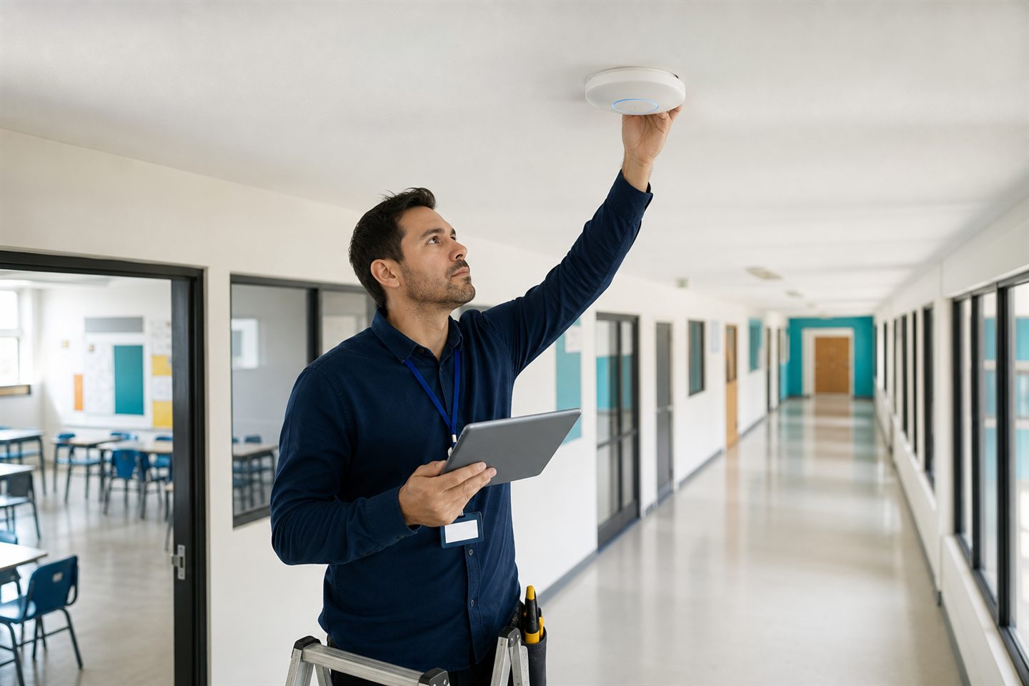 Técnico comprobando un punto de acceso Wi-Fi